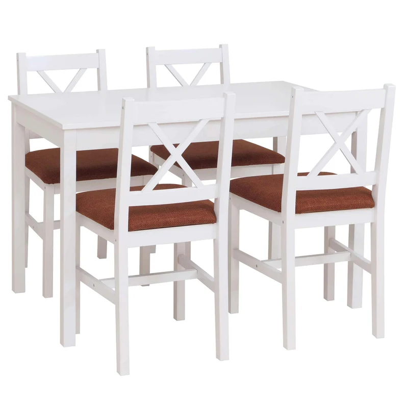 Ensemble salle à manger style maison de campagne avec table et 4 chaises en bois massif blanc avec assises terracotta 04_0009058