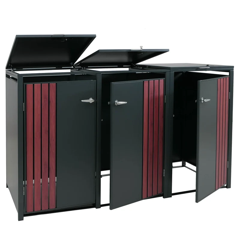 Cache-poubelles pour 3 bacs avec couvercle abri pour poubelles en métal avec ouverture par le haut 122x200x84 cm anthracite aspect bois foncé 04_0009346