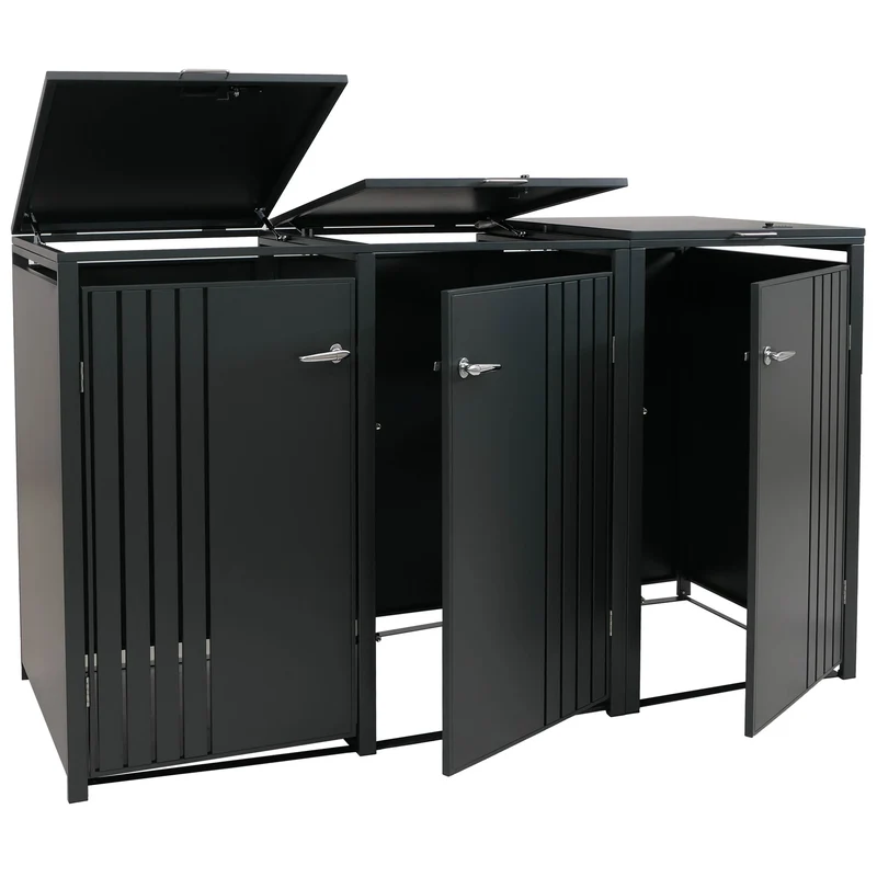 Cache-poubelles pour 3 bacs avec couvercle abri pour poubelles en métal avec ouverture par le haut 122x200x84 cm anthracite 04_0009348