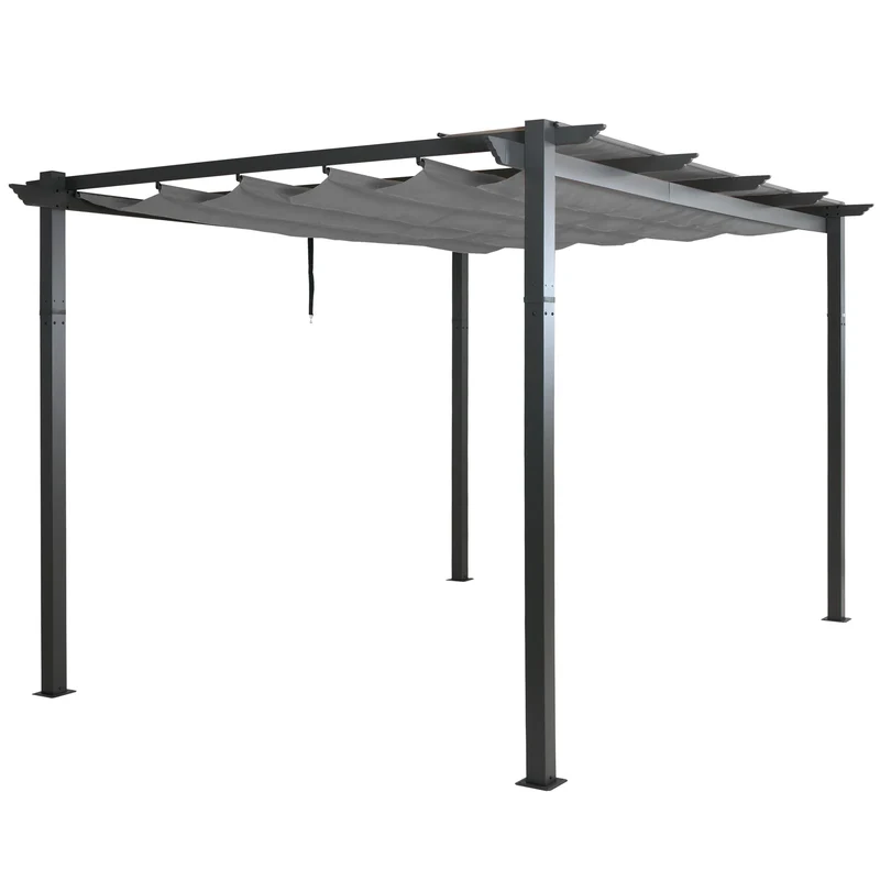 Pergola en aluminium et acier pavillon de jardin avec toit coulissant réglable protection UV50+ structure stable 3x4 m tissu gris 04_0009581