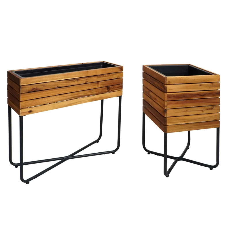 Lot de 2 jardinières rectangulaires outdoor 60 x 62 x 22 cm avec embouts réglables style moderne en acacia marron 04_0010296