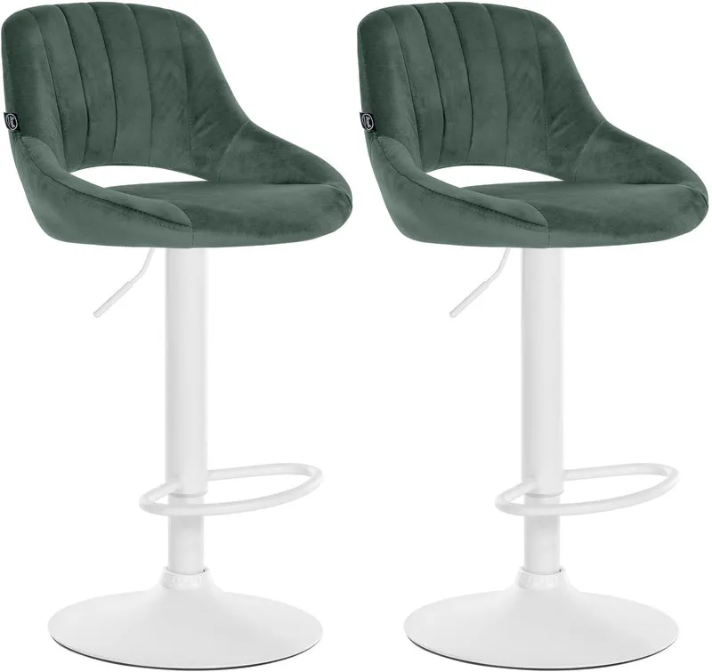 Lot de 2 tabourets de bar réglables en velours vert dossier ajouré et pied métal blanc 10_0005588