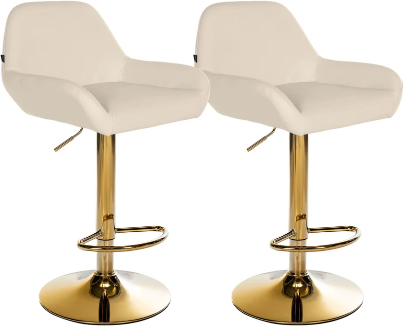 Lot de 2 tabourets de bar repose-pieds en forme d'arc en métal doré assise en PVC crème TDB10801