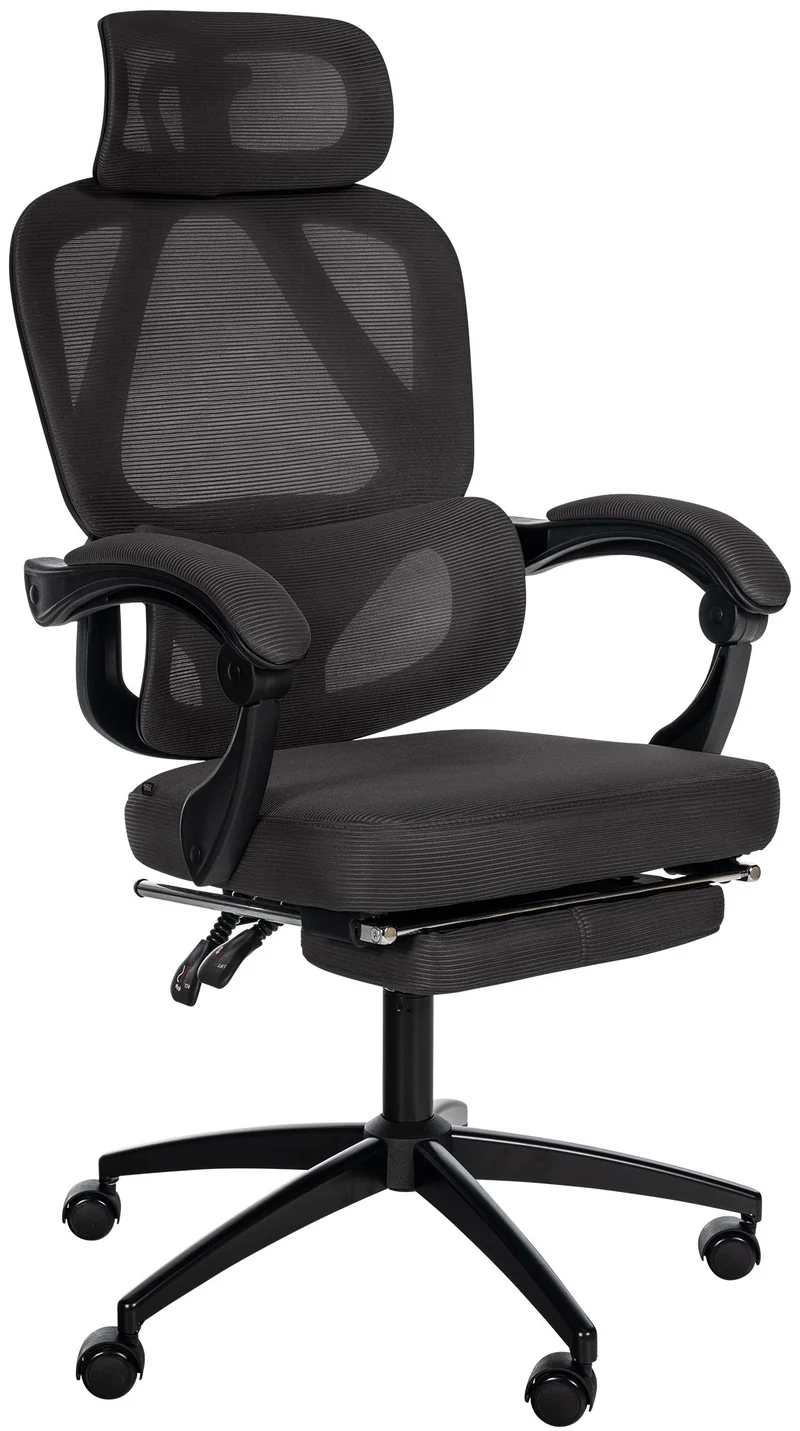 Fauteuil de bureau ergonomique avec appui-tête réglable soutien lombaire et repose-pieds extensible en maille noir BUR10706