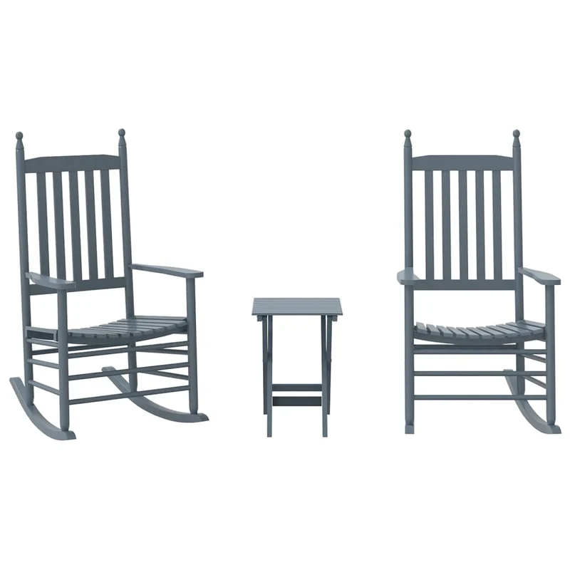 Lot de 2 fauteuils à bascule avec petite table pliable en bois de peuplier gris DEC029128