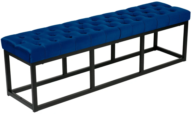 Banquette banc bout de lit longueur 150 cm en velours capitonné en velours bleu et métal noir 10_0003668