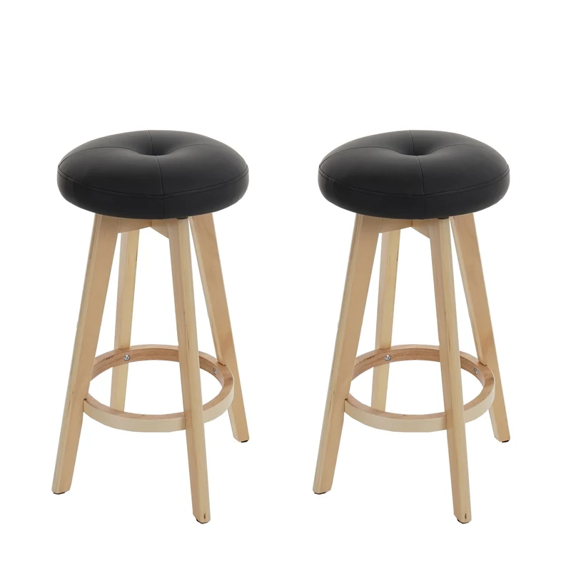 Lot de 2 tabourets élégant de bar comptoir en bois imitation cuir noir rotatif pieds en bois 04_0000459