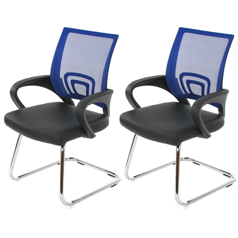 Lot de 2 chaises de conférence bureau avec accoudoirs assise en PVC noir et tissu mesh bleu 04_0007293