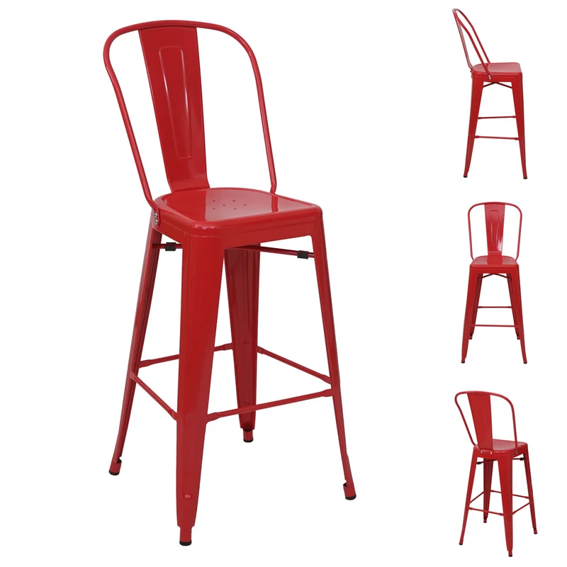 4x tabourets de bar avec dossier design industriel en métal rouge avec repose-pieds 04_0005225
