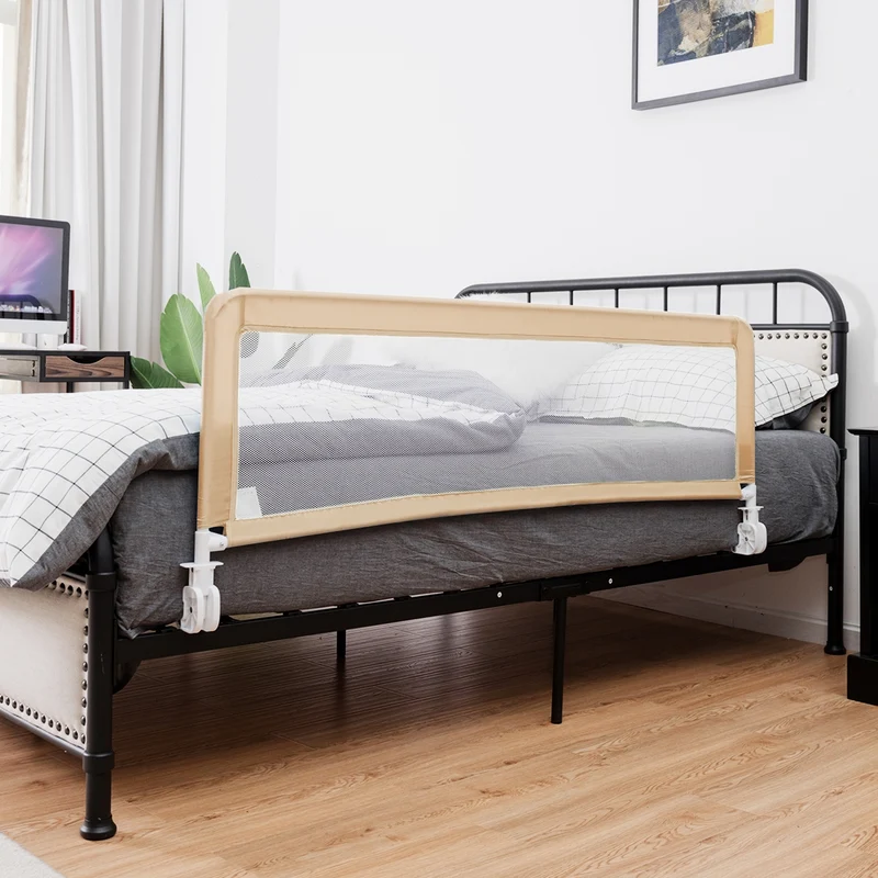 Barrière de lit bébé hauteur ajustable avec tissu en maille durable ceinture de fixation beige 20_0000222