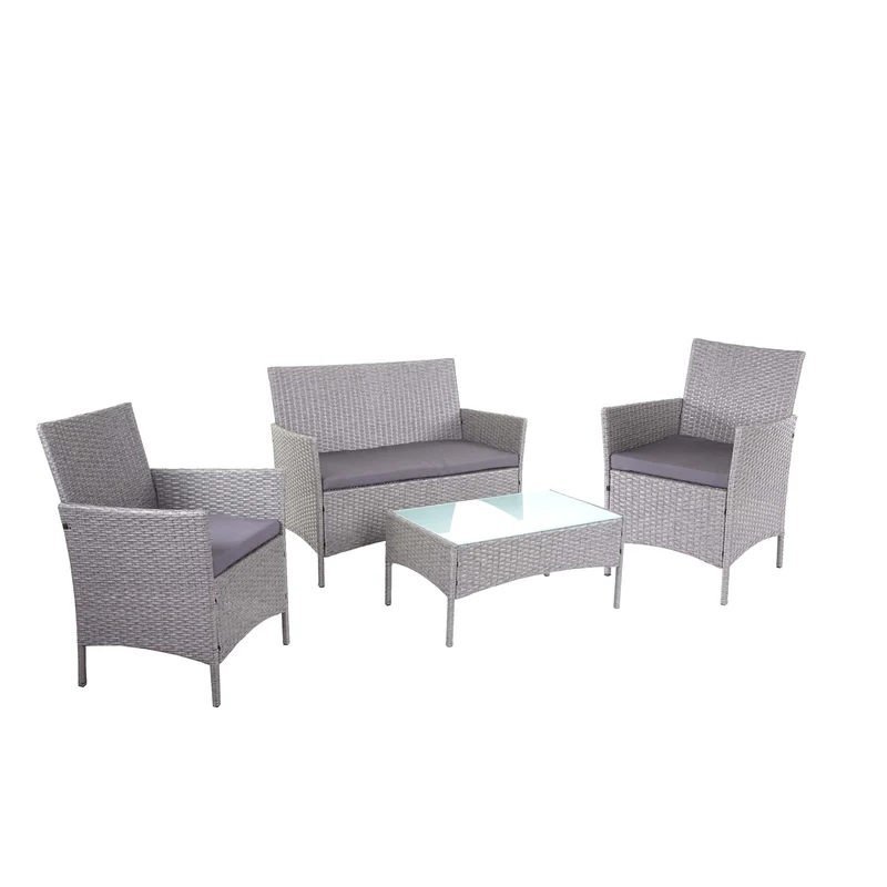 Salon de jardin en poly-rotin gris ensemble lounge avec canapé fauteuils et table avec coussins gris foncé 04_0000058