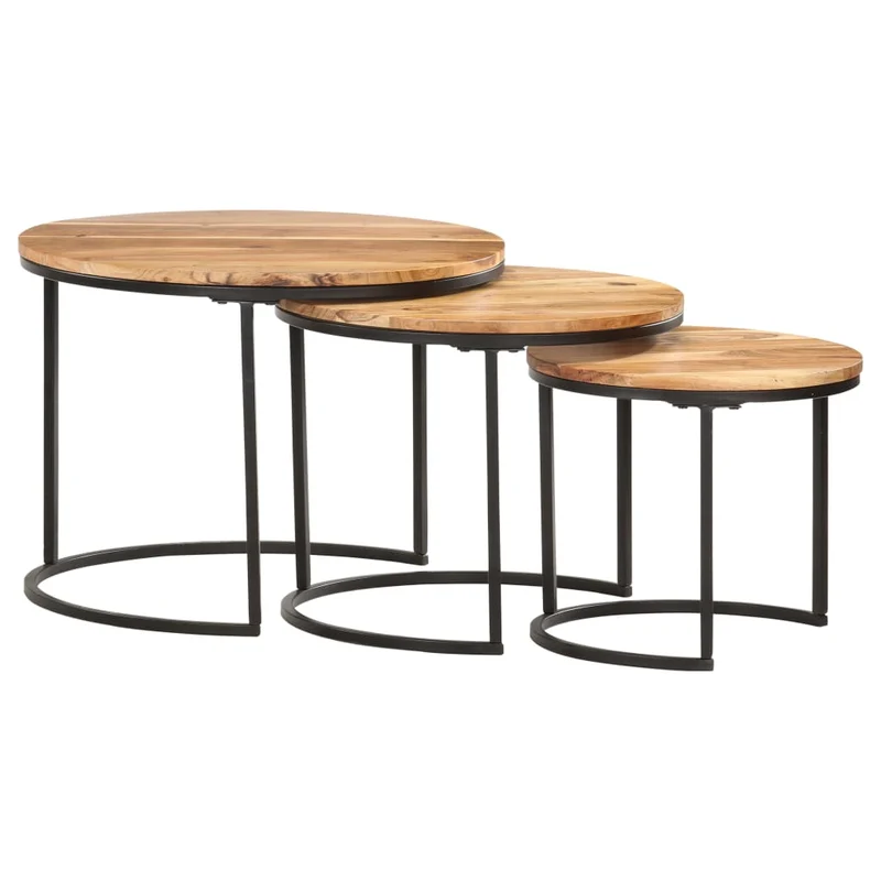Ensemble de trois tables gigognes en bois d'acacia et fer DEC031322