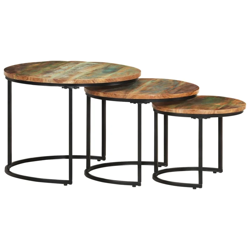 Set de 3 tables basse gigognes en bois de récupération massif et fer DEC031325
