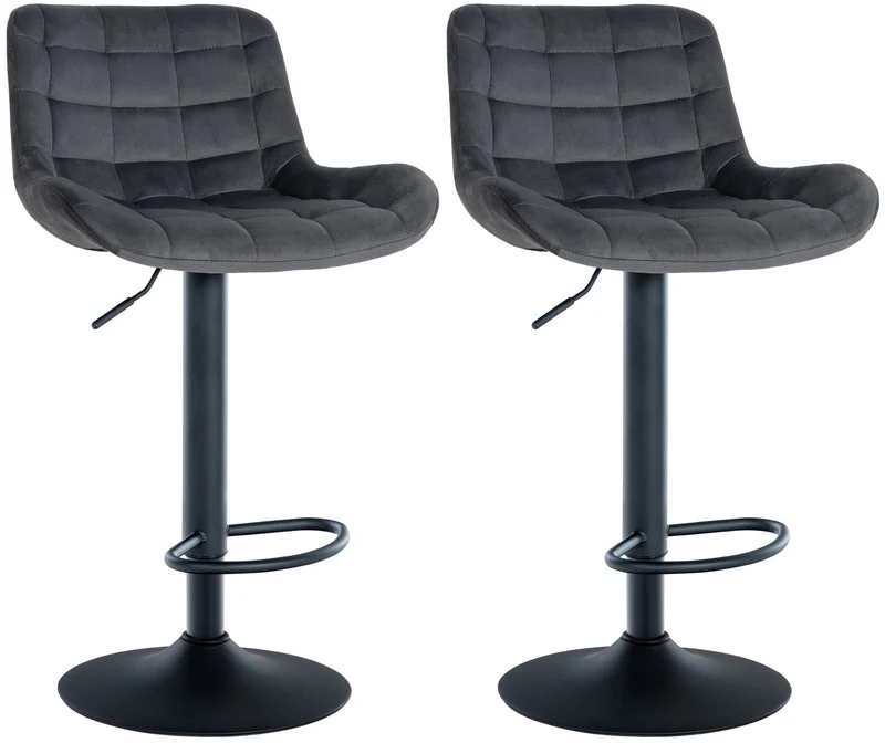 Lot de 2 tabourets de bar structure métallique noir assise en velours gris foncé avec surpiqûres 10_0004445