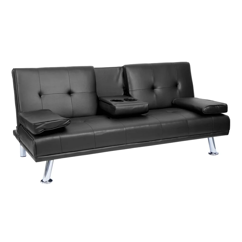 Canapé 3 places convertible avec porte-gobelets rabattables dossier réglable 166 x 97 cm similicuir noir 04_0010968