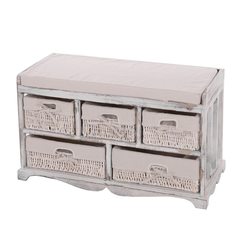 Commode banc avec coussin et 5 tiroirs meuble de rangement style shabby chic vintage 45 x 77 x 36 cm en bois blanc 04_0011445