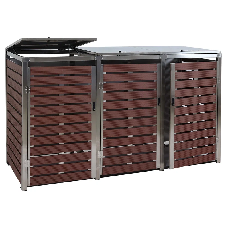 Abri pour 3 poubelles cache-poubelles extérieur avec portes et couvercles verrouillables WPC et acier inoxydable aspect bois noyer 120 x 200 x 85 cm 04_0008235