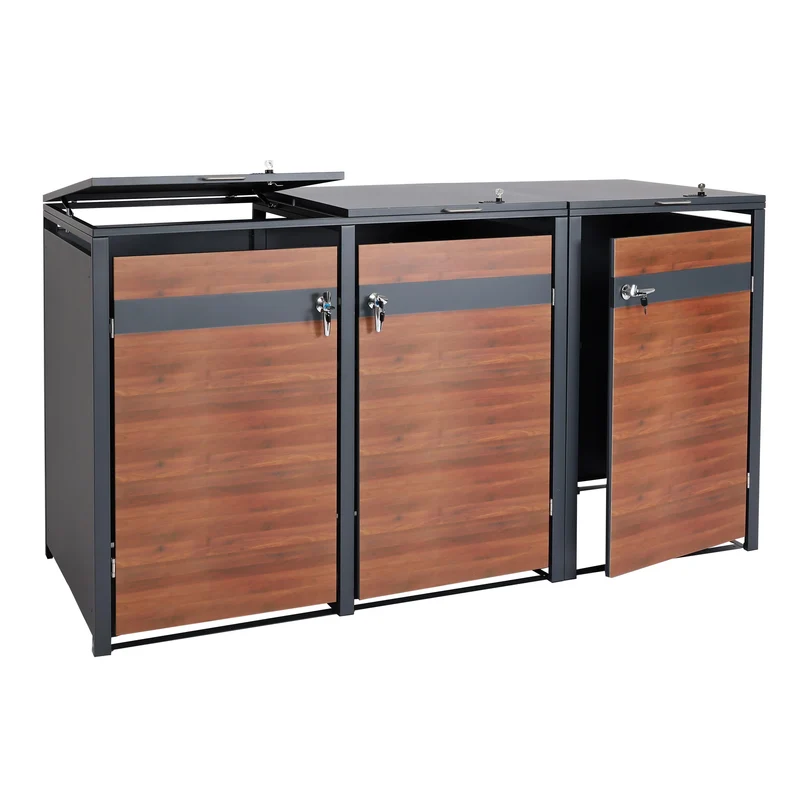 Abri pour 3 poubelles cache-poubelles extensible métal 80 kg anthracite aspect bois cerisier brun foncé 04_0008232