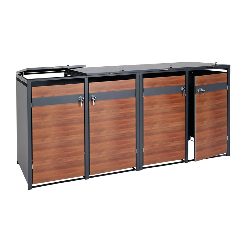 Abri pour 4 poubelles cache-poubelles extérieur extensible métal anthracite aspect bois cerisier foncé 04_0006999