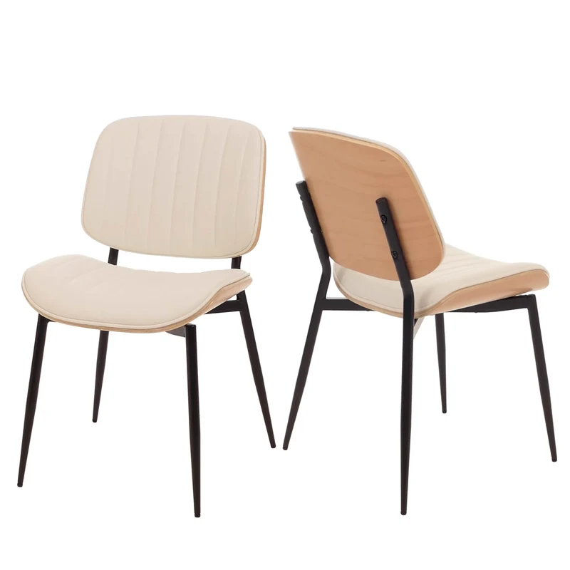 Lot de 2 chaises de salle à manger en bois courbé finition clair et simili cuir crème avec surpiqûres verticales décoratives design moderne et élégant 04_0009476