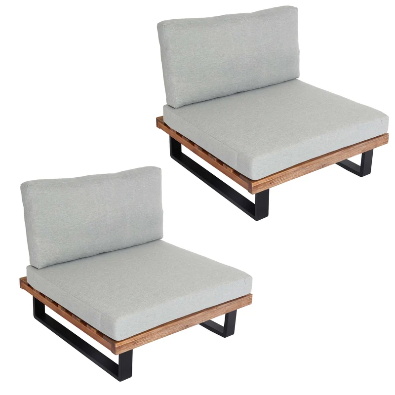 Lot de 2 fauteuils lounge jardin en bois d’acacia brun clair et aluminium coussins gris clair 04_0009399