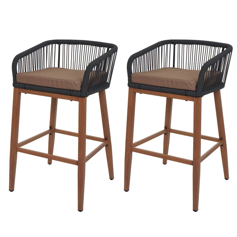 Lot de 2 tabourets de bar avec tressage en corde anthracite et structure métal aspect bois avec coussins taupe 04_0009608