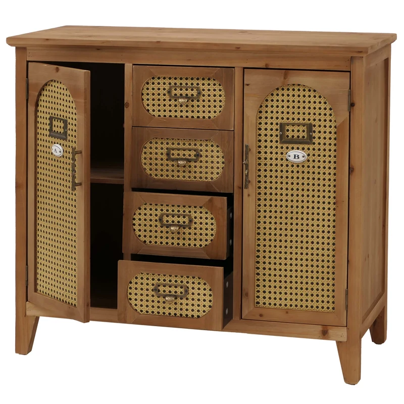 Commode style apothicaire buffet meuble de rangement avec tiroirs et portes style vintage rotin 80 x 91 x 40 cm finition naturelle 04_0009115