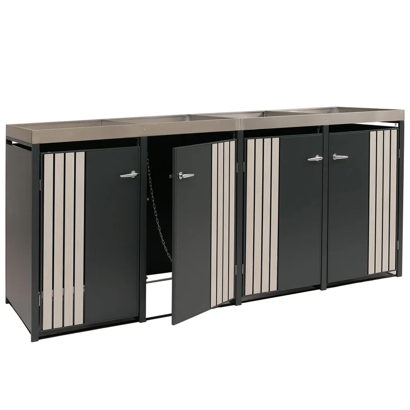 Abri pour 4 poubelles avec bac à plantes coffre poubelles 125 x 260 x 84 cm en métal anthracite aspect bois clair 04_0009314