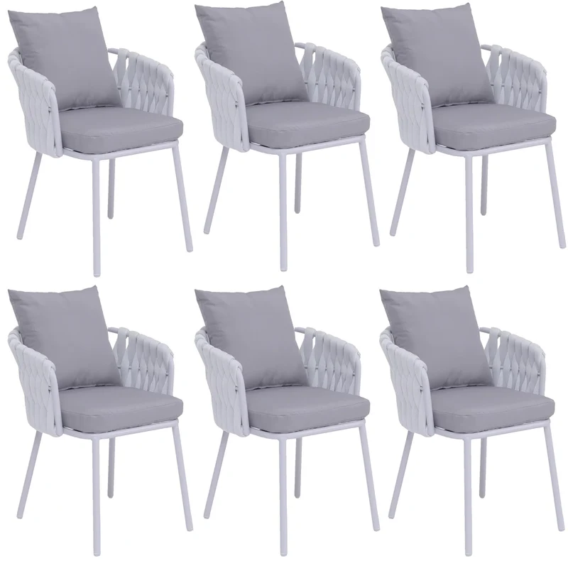 Lot de 6 chaises de salle à manger avec accoudoirs structure aluminium et tressage corde tissu gris clair 04_0008723