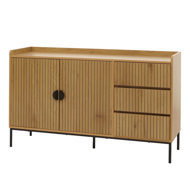 Buffet commode meuble de rangement avec 3 tiroirs et 2 portes 80 x 130 x 42 cm bois mélaminé finition naturelle au design à lamelles 04_0009423