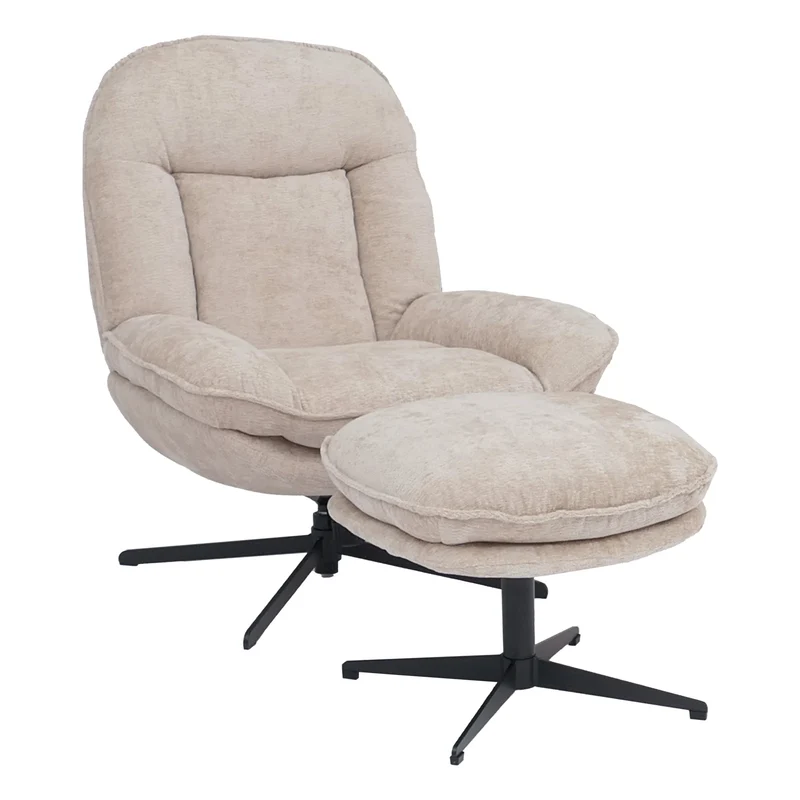Fauteuil relax avec repose-pieds fauteuil TV pivotant avec suspension métal et tissu chenille crème 04_0009041