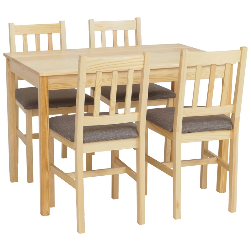 Ensemble de salle à manger table et 4 chaises style maison de campagne bois massif de pin finition naturelle avec assises grises 04_0009063