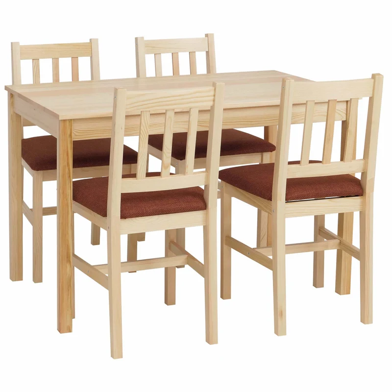 Ensemble de salle à manger table et 4 chaises style maison de campagne bois massif de pin finition naturelle avec assises terracotta 04_0009061