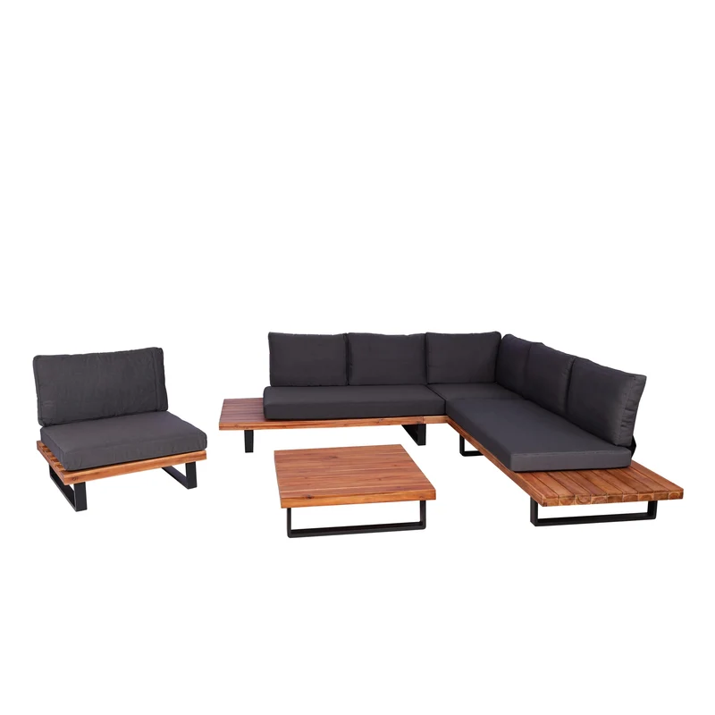 Salon de jardin avec fauteuil ensemble lounge en aluminium et bois d’acacia marron avec coussins gris foncé 04_0010293
