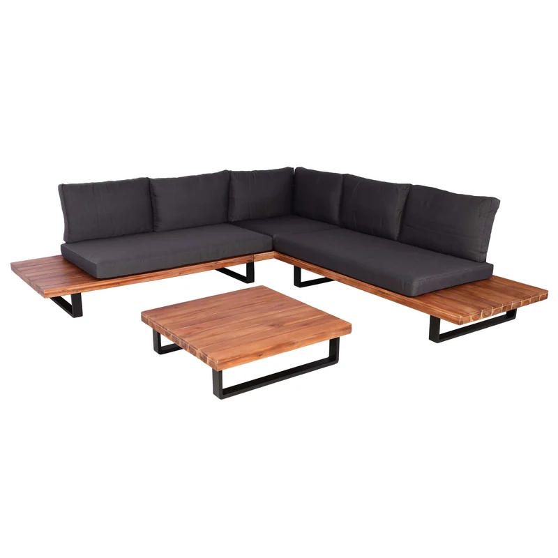 Salon de jardin ensemble lounge 5 places 255x255 cm aluminium et bois d’acacia avec coussins gris foncé 04_0010294