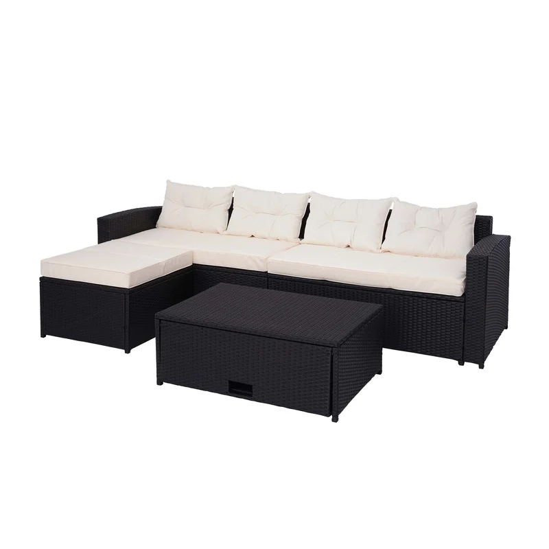 Salon de jardin en poly-rotin noir ensemble lounge balcon terrasse canapé avec rangement avec coussins crème-beige 04_0004220