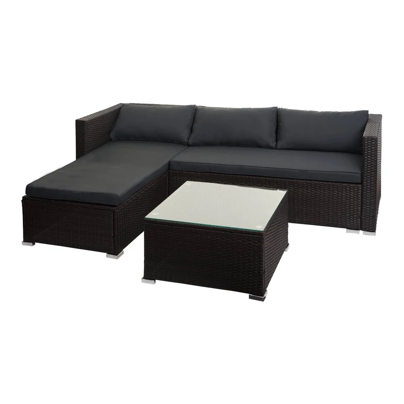 Salon de jardin en poly-rotin marron ensemble lounge balcon terrasse canapé avec table avec coussins gris foncé 04_0003249