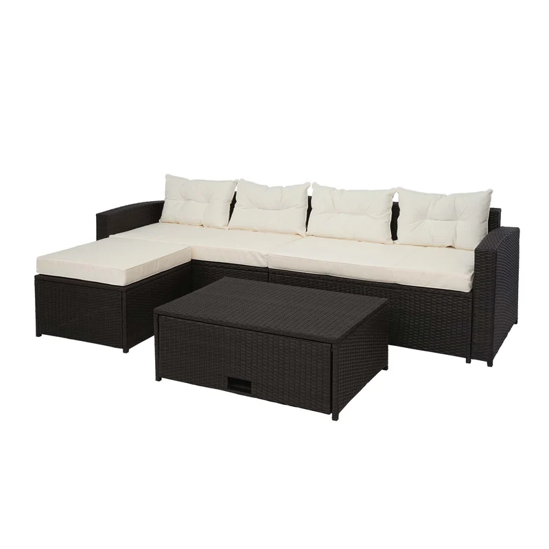 Salon de jardin en poly-rotin marron ensemble lounge balcon terrasse canapé avec rangement avec coussins crème-beige 04_0002823