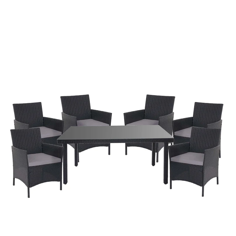 Salon de jardin en poly-rotin anthracite ensemble table et 6 fauteuils avec coussins gris foncé 04_0003054