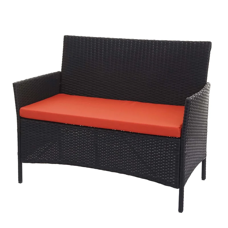 Banc de jardin en poly-rotin noir banc extérieur avec accoudoirs avec coussin terracotta 04_0001134