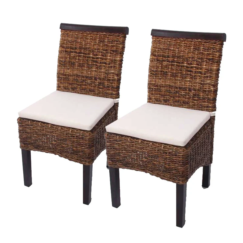 Lot de 2 chaises de salle à manger en tressage de feuilles de bananier finition foncée avec coussins 04_0000196