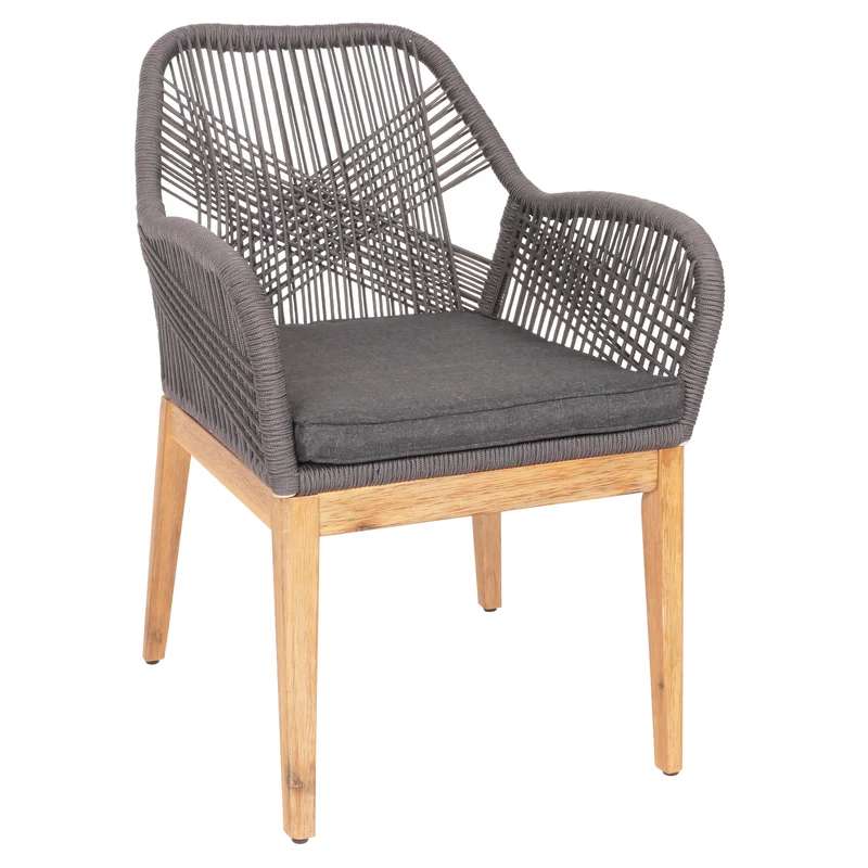 Chaise de jardin moderne résistant aux intempériese en bois d’acacia dossier arrondi en corde tressée gris coussin gris foncé 04_0010102