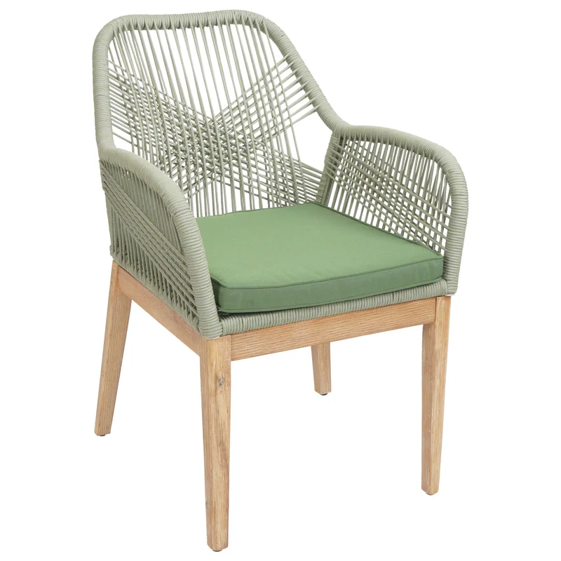Chaise de jardin moderne résistant aux intempériese en bois d’acacia dossier arrondi en corde tressée vert coussin vert 04_0009625