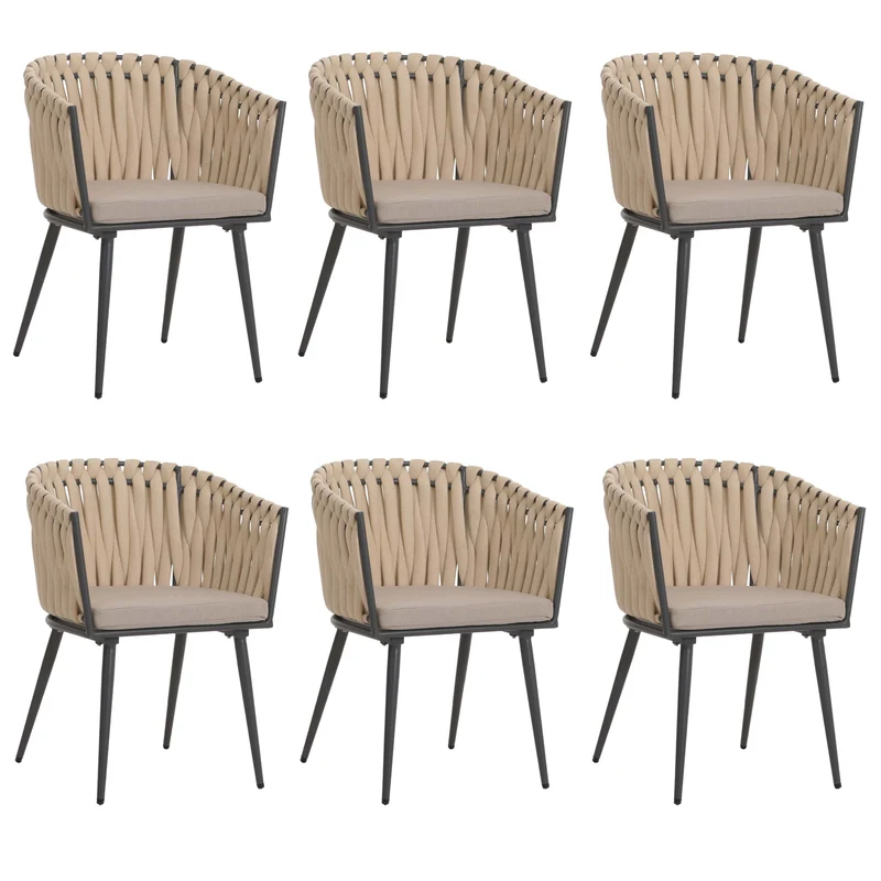 Lot de 6 chaises de salle à manger en aluminium corde tressée crème et coussins marron clair 04_0009744