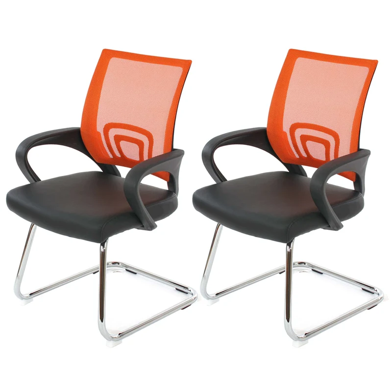 Lot de 2 chaises de conférence visiteur design avec piètement luge dossier ergonomique en maille respirante orange et assise en similicuir structure chromée 04_0011436