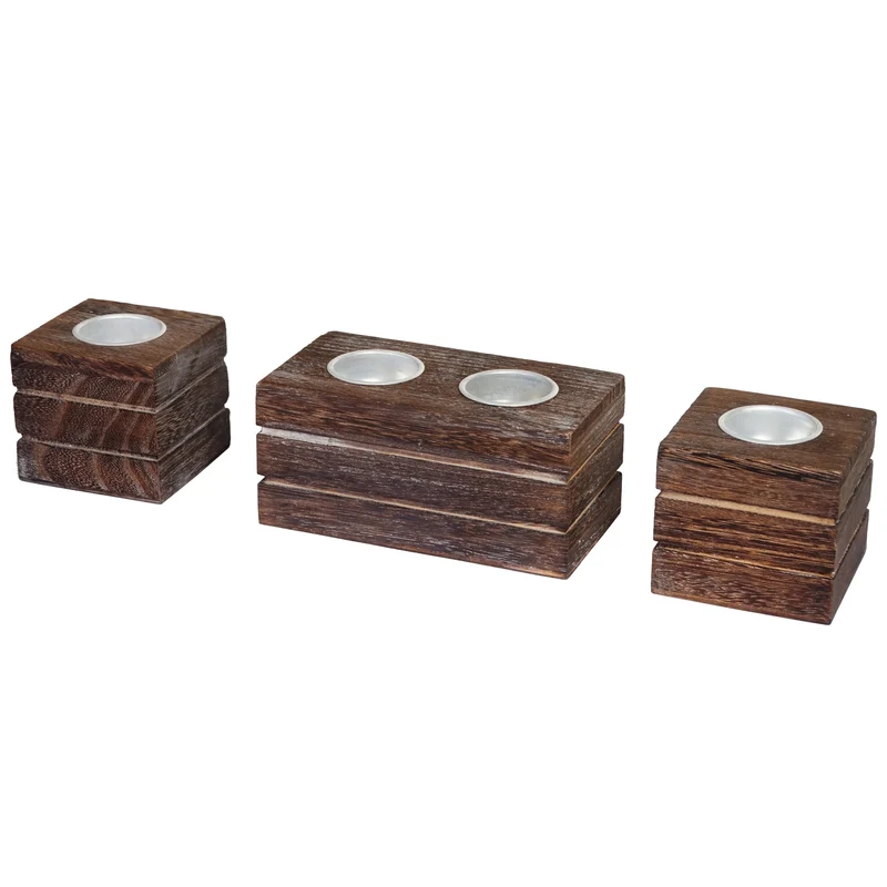 Lot de 4 photophores porte-bougies chauffe-plat en bois massif style shabby chic vintage brun 04_0011384