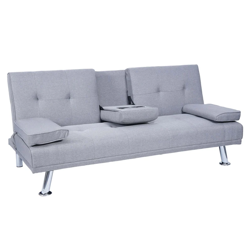 Canapé 3 places convertible avec porte-gobelets rabattables dossier réglable 166 x 97 cm tissu gris clair 04_0010965