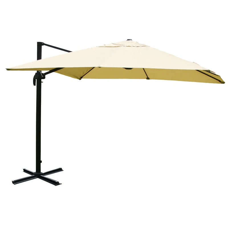 Parasol déporté 3,5 x 3,5 m Ø env. 4,95 m aluminium et polyester crème inclinable et rotatif 360° avec croisillon et platine rotative sans pied 04_0011256