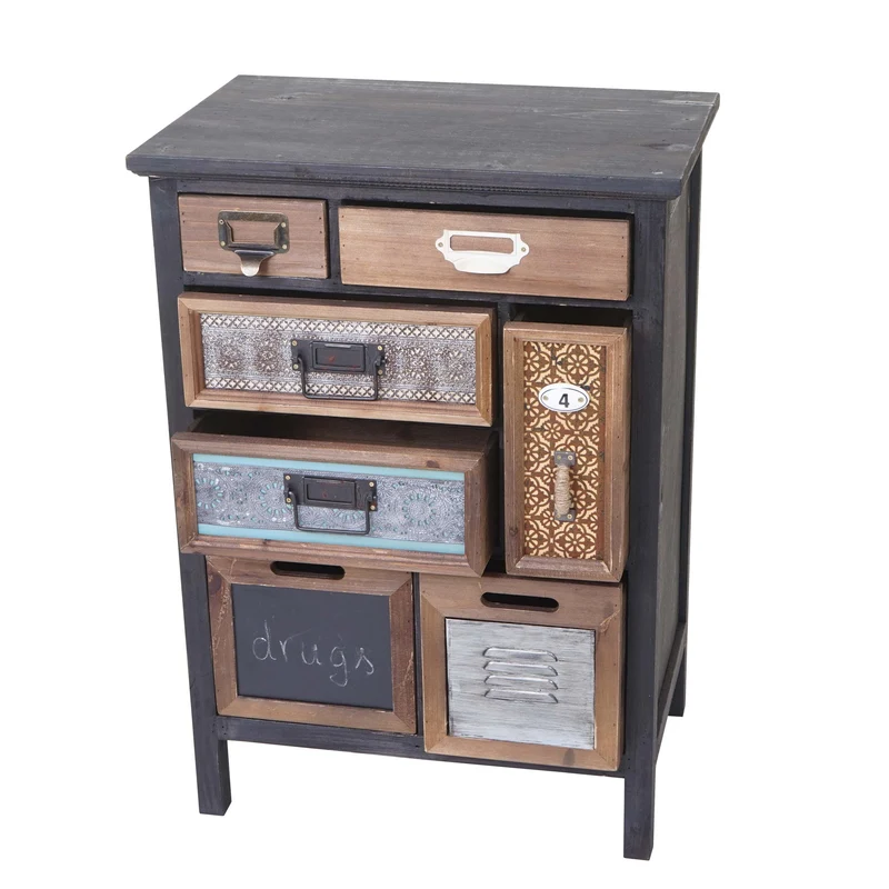 Meuble apothicaire commode en bois massif de sapin style vintage patchwork avec 7 tiroirs 78 x 55 x 35 cm 04_0011315