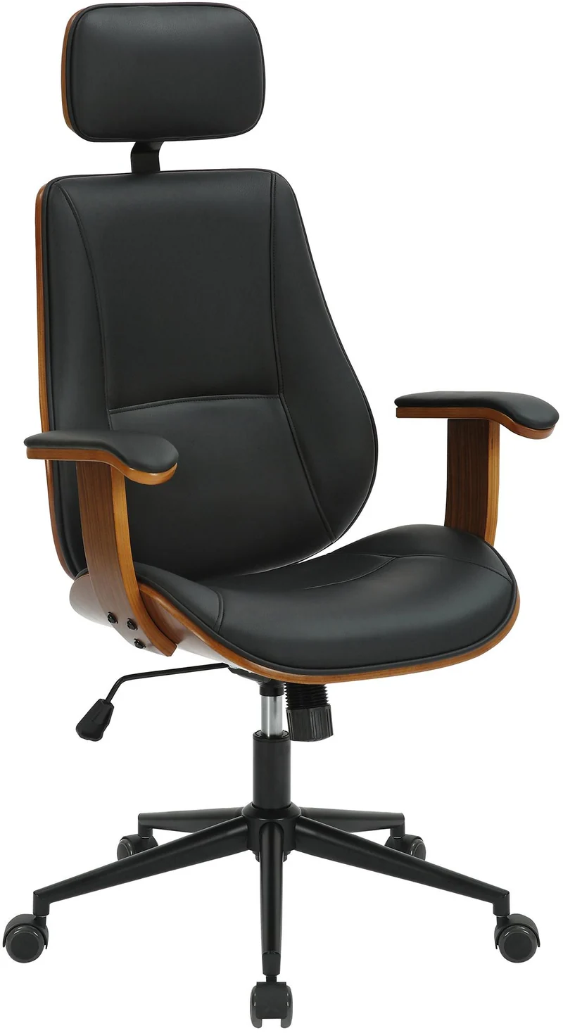 Fauteuil de bureau ergonomique et design avec appuie-tête et accoudoirs en bois marron et similicuir noir BUR10705